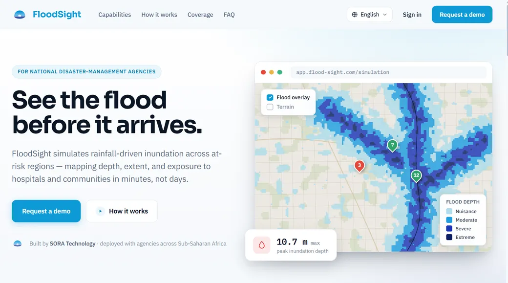 Flood-Sight landing page — 'See the flood before it arrives': rainfall-driven inundation shown on a map with a flood-depth legend and peak-inundation figure, built by SORA Technology for national disaster-management agencies